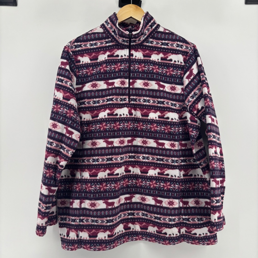 Lands End Fleece Pullover Womens 1X Purple Fair Isle Polar Bear Quarter Zip